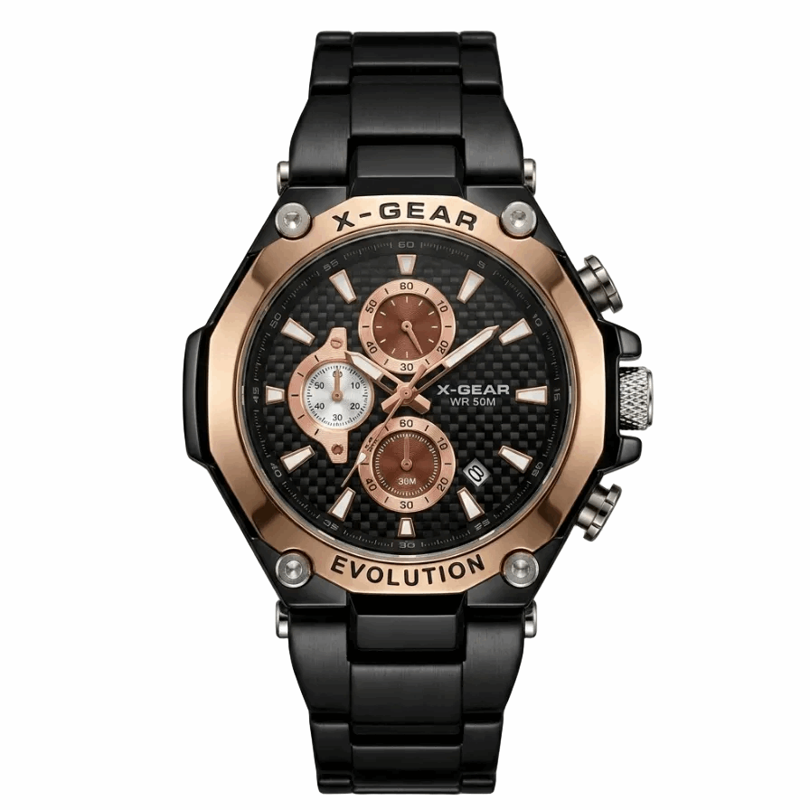 Men's chronograph watch with black strap, rose-gold bezel, brown dial