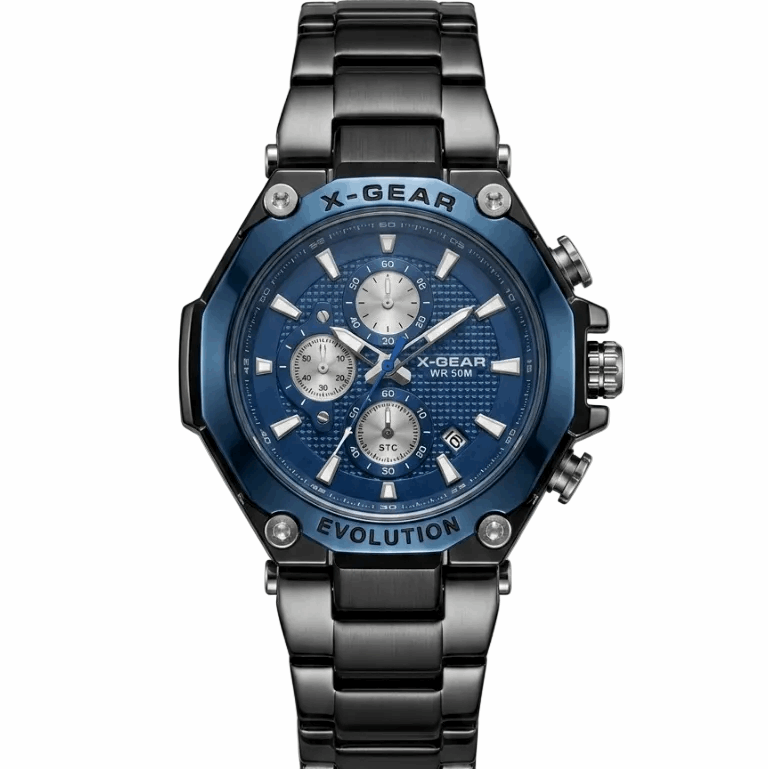 Men's chronograph watch with black strap, blue dial, silver hands and markers