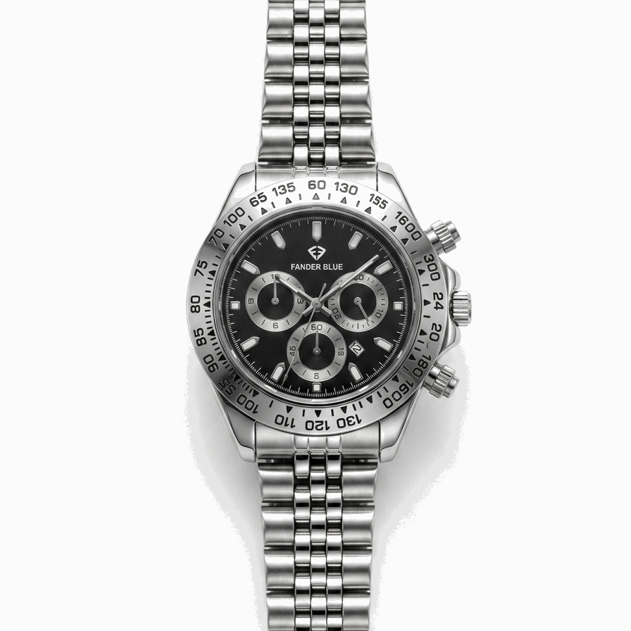 Men's Fander Blue GMT watch with black dial, three sub-dials, steel bracelet