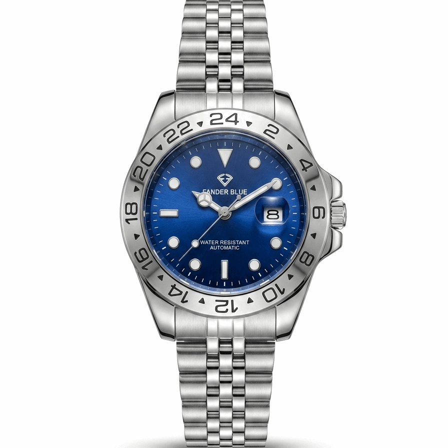 Men's automatic watch with blue dial, silver bezel, and stainless steel link bracelet