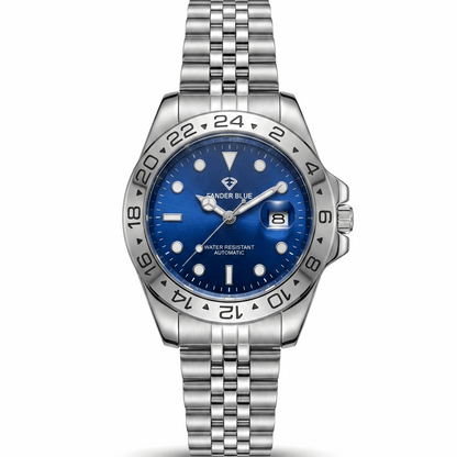 Men's automatic watch with blue dial, silver bezel, and stainless steel link bracelet