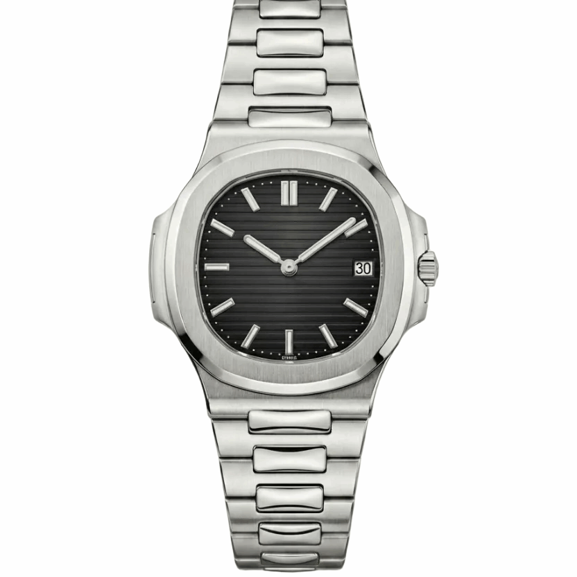 Men's stainless steel chain watch with black dial, baton markers, date window at 3