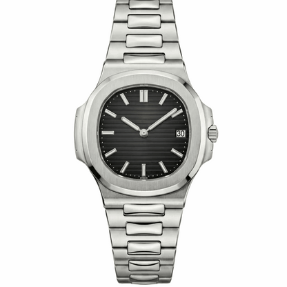 Men's stainless steel chain watch with black dial, baton markers, date window at 3