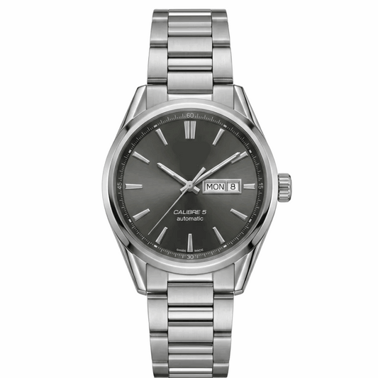 Men's automatic steel watch with black dial and date window