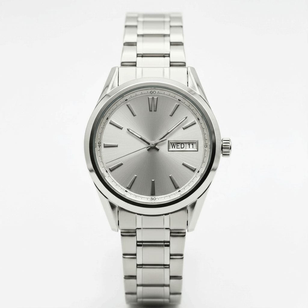 Men's automatic steel watch with silver dial and date window