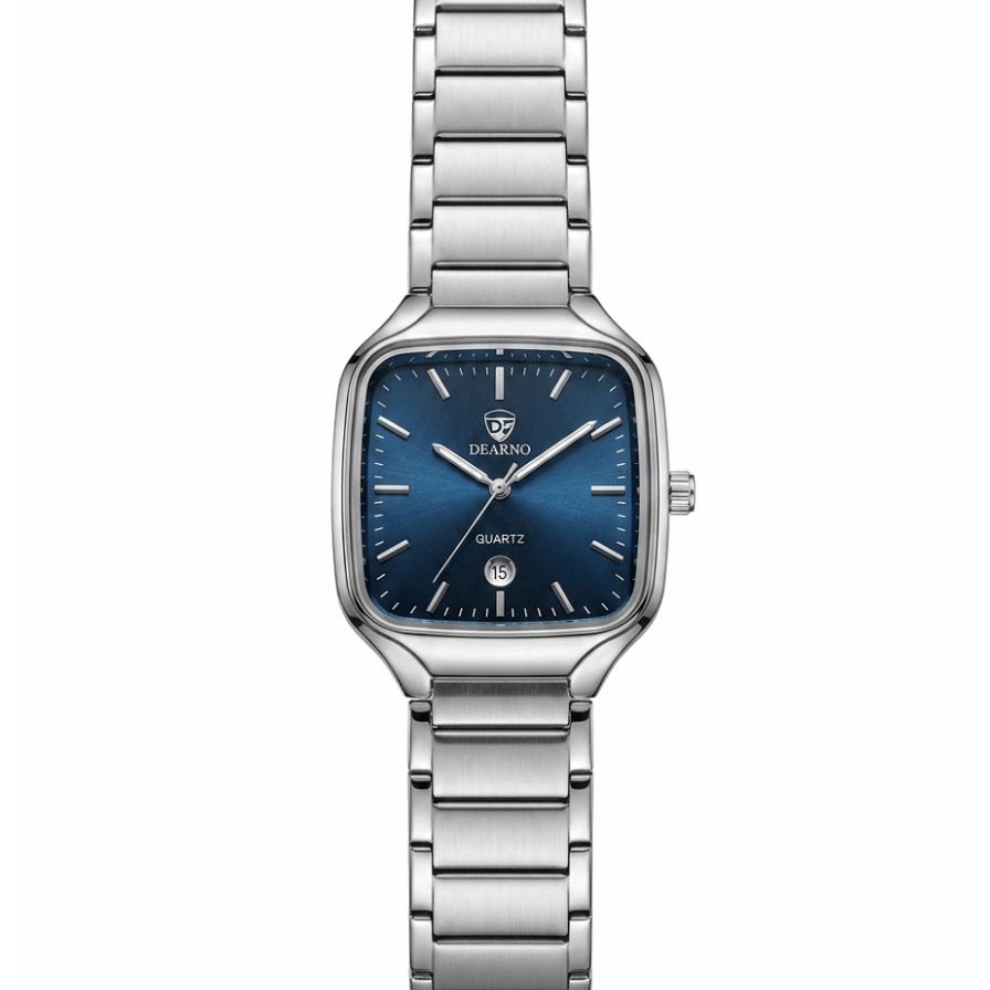 Square quartz men’s watch with stainless steel bracelet and black dial