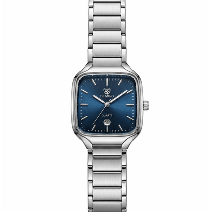 Square quartz men’s watch with stainless steel bracelet and blue dial