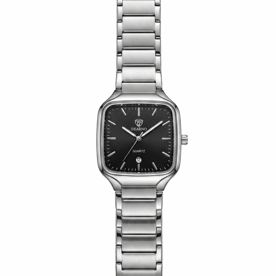 Square quartz men’s watch with stainless steel bracelet and black dial