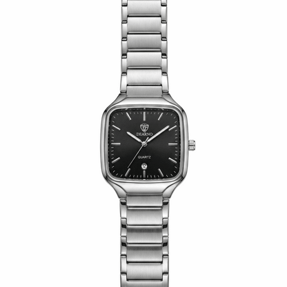 Square quartz men’s watch with stainless steel bracelet and black dial