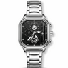 Silver square chronograph mens watch with silver metal bracelet and black dial
