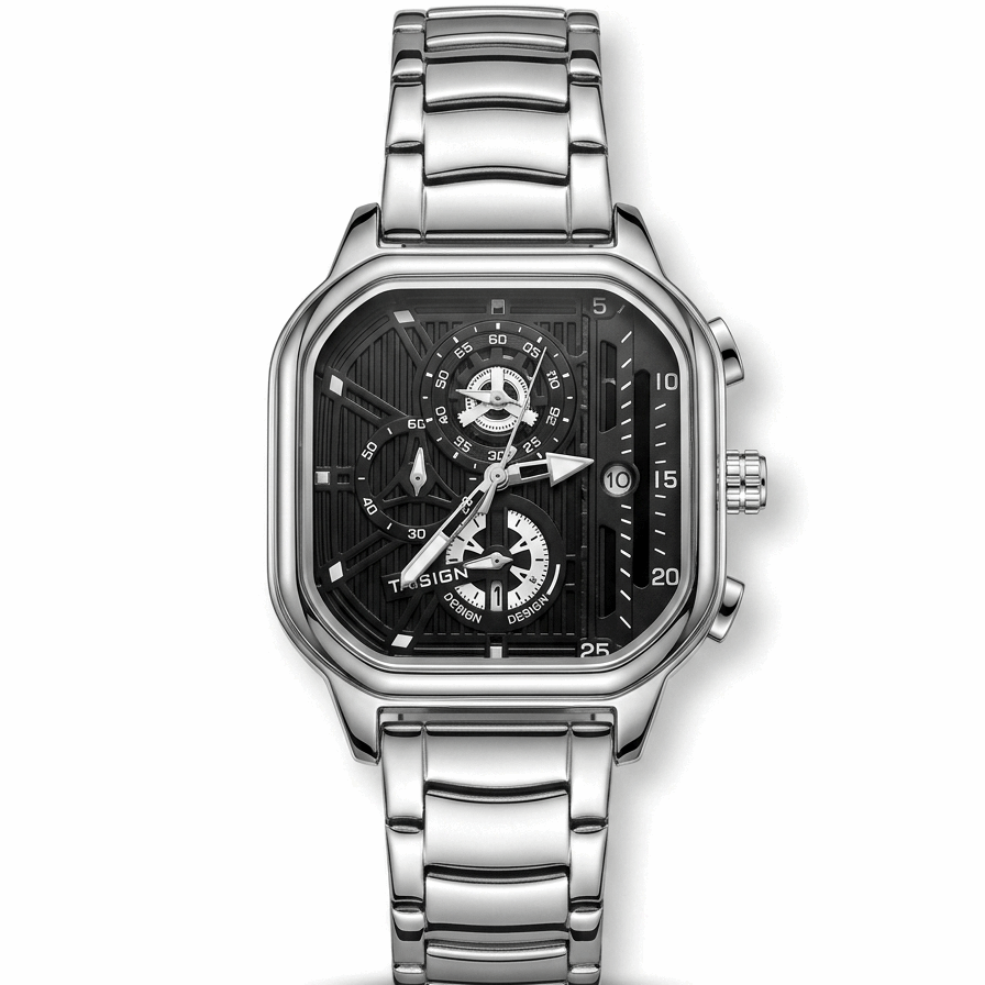 Silver square chronograph mens watch with silver metal bracelet and black dial