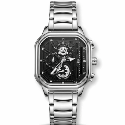 Silver square chronograph mens watch with silver metal bracelet and black dial