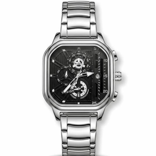 Silver square chronograph mens watch with silver metal bracelet and black dial