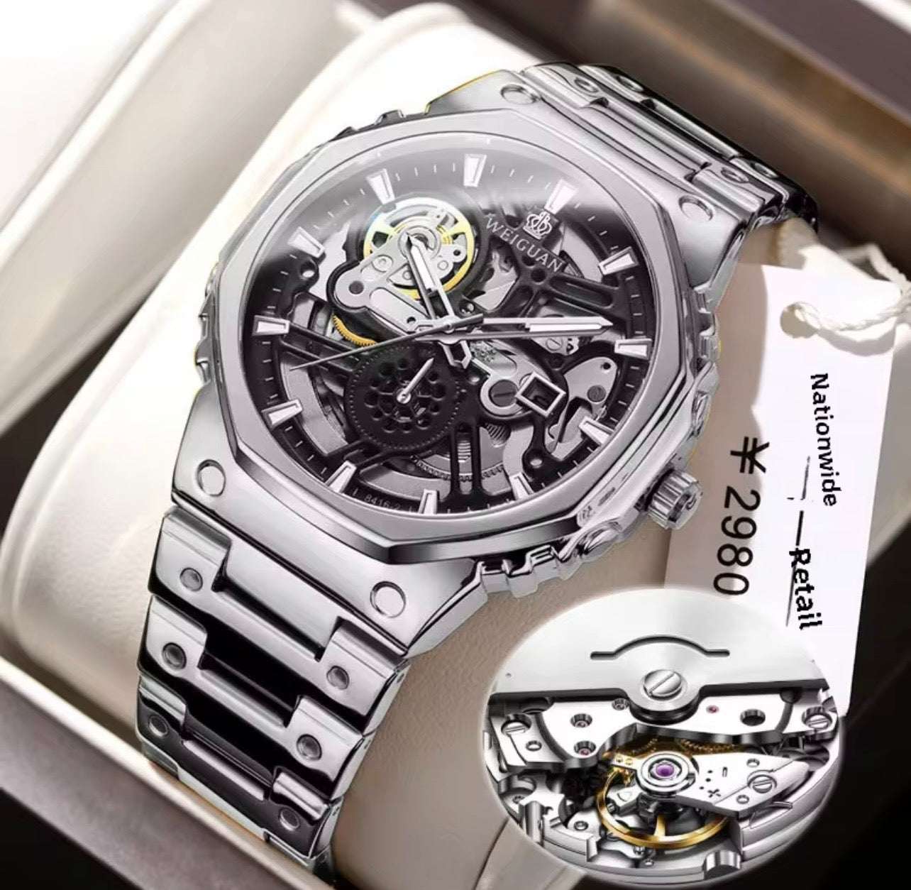 Men's skeleton automatic watch with black openwork dial, blue accents, stainless steel bracelet