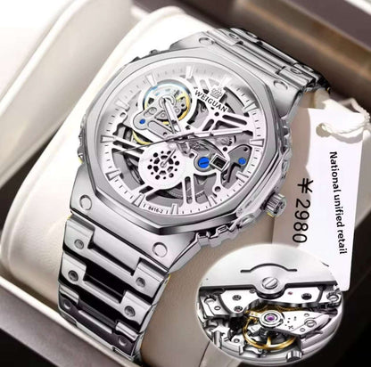 Men's skeleton automatic watch with silver openwork dial and stainless steel bracelet