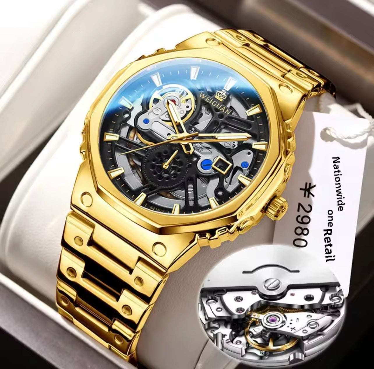 Men's skeleton automatic watch with gold case, black openwork dial, blue accents, bracelet