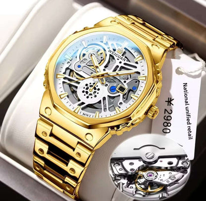 Men's skeleton automatic watch with gold case, silver openwork dial, stainless steel bracelet
