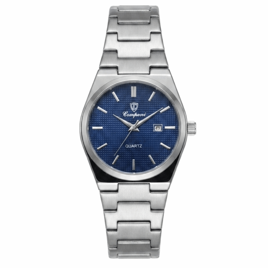 Stainless steel quartz watch with dark blue dial, date window, metal link bracelet