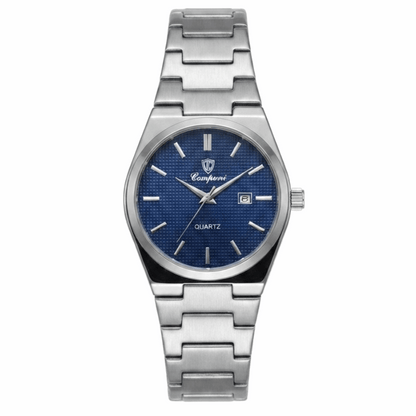 Stainless steel quartz watch with dark blue dial, date window, metal link bracelet