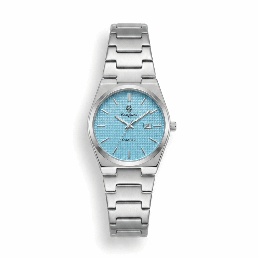 Stainless steel quartz watch with light blue dial, date window, metal link bracelet