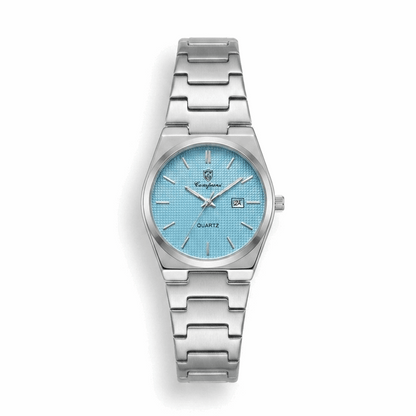 Stainless steel quartz watch with light blue dial, date window, metal link bracelet