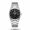Stainless steel quartz watch with black dial, date window, metal link bracelet