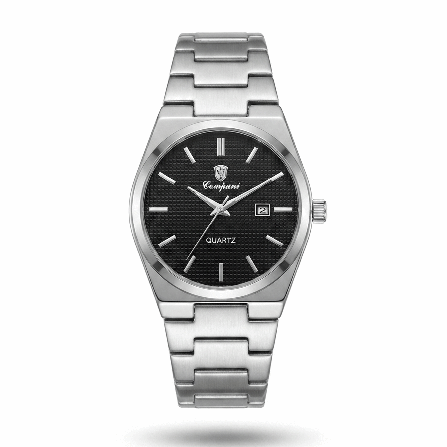 Stainless steel quartz watch with black dial, date window, metal link bracelet