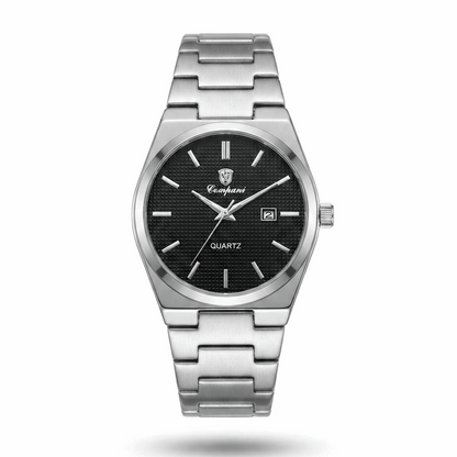 Stainless steel quartz watch with black dial, date window, metal link bracelet