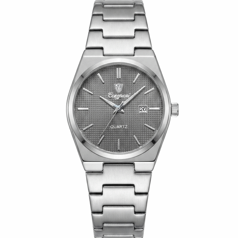 Stainless steel quartz watch with gray dial, date window, metal link bracelet