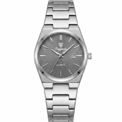 Stainless steel quartz watch with gray dial, date window, metal link bracelet