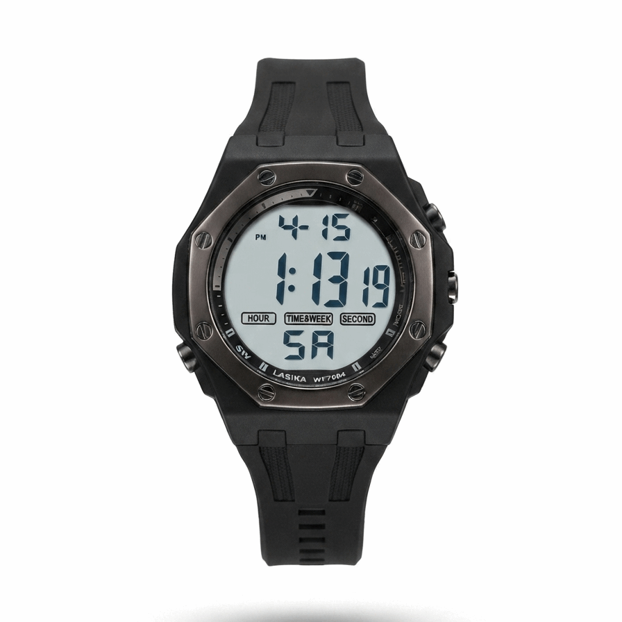 Digital sports watch with black silicone strap and round digital display