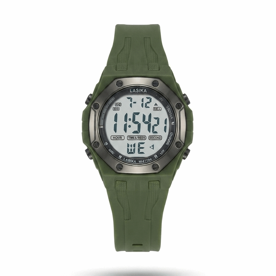 Digital sports watch with black silicone strap and round digital display