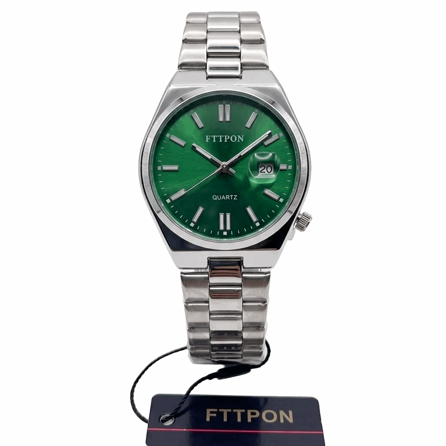 Two-tone men's watch with green dial, silver metal bracelet and quartz markers