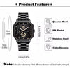 Mens square chronograph watch with black dial and black metal bracelet, front view