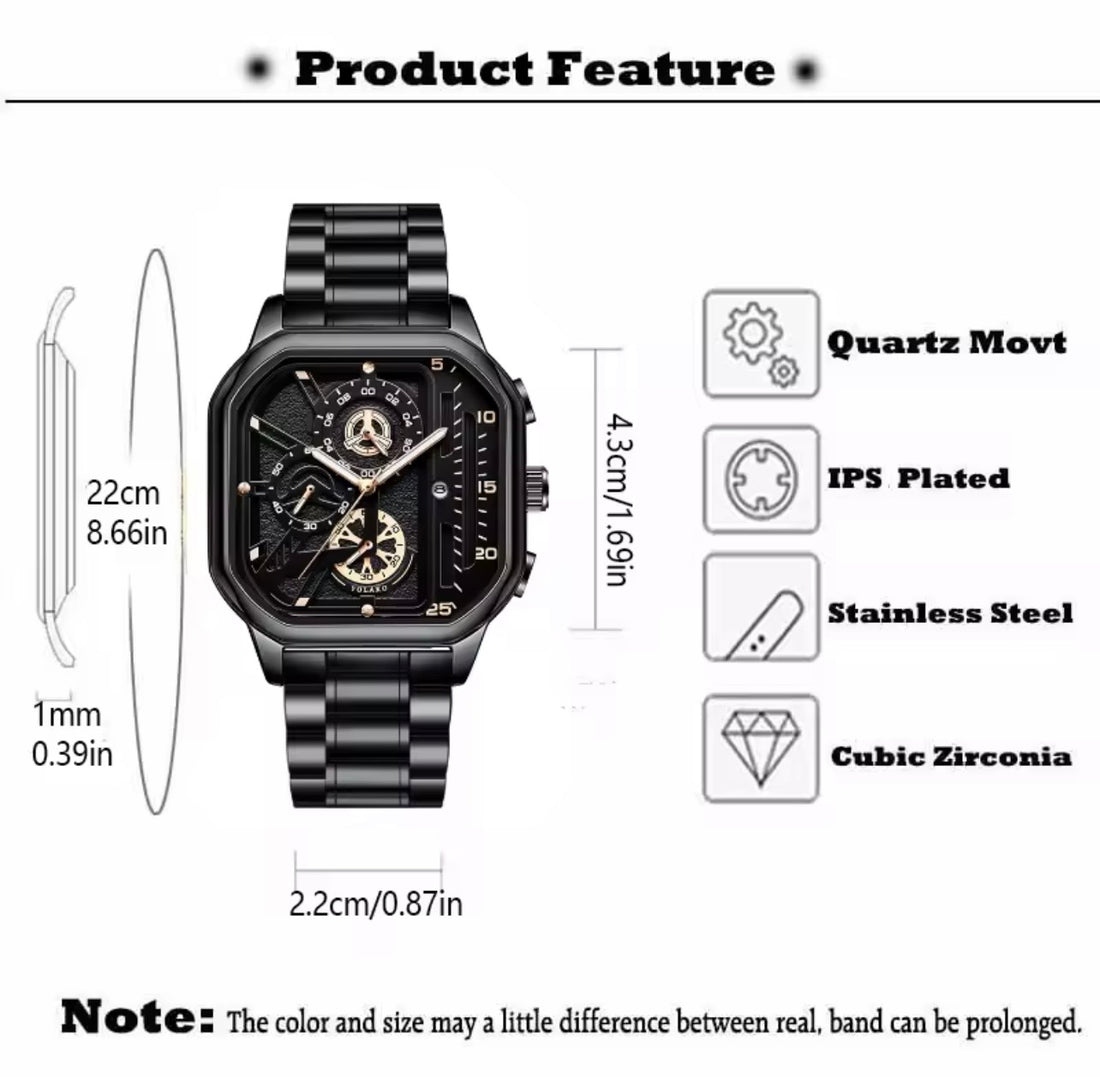 Silver square chronograph mens watch with silver metal bracelet and black dial