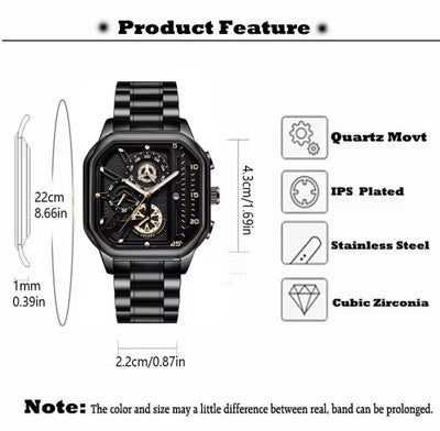 Mens square chronograph watch with black dial and black metal bracelet, front view