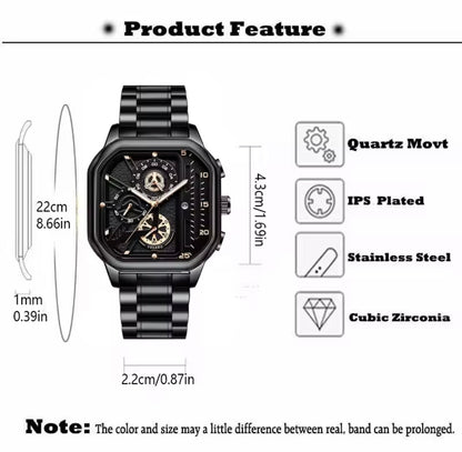 Mens square chronograph watch with black dial and black metal bracelet, front view