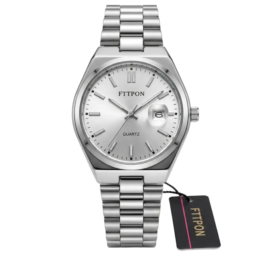 Stainless steel wristwatch with white dial and baton hour markers, hanging tag
