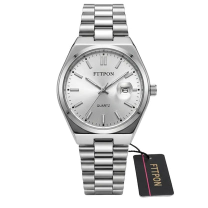 Stainless steel wristwatch with white dial and baton hour markers, hanging tag