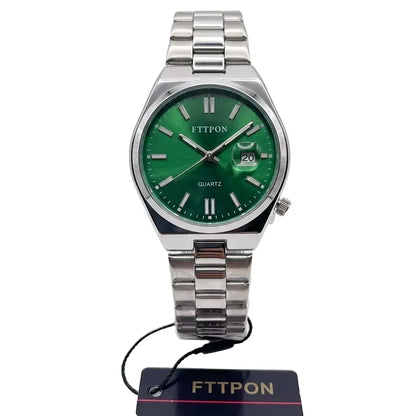 Quartz wristwatch with green dial, silver metal bracelet and date window