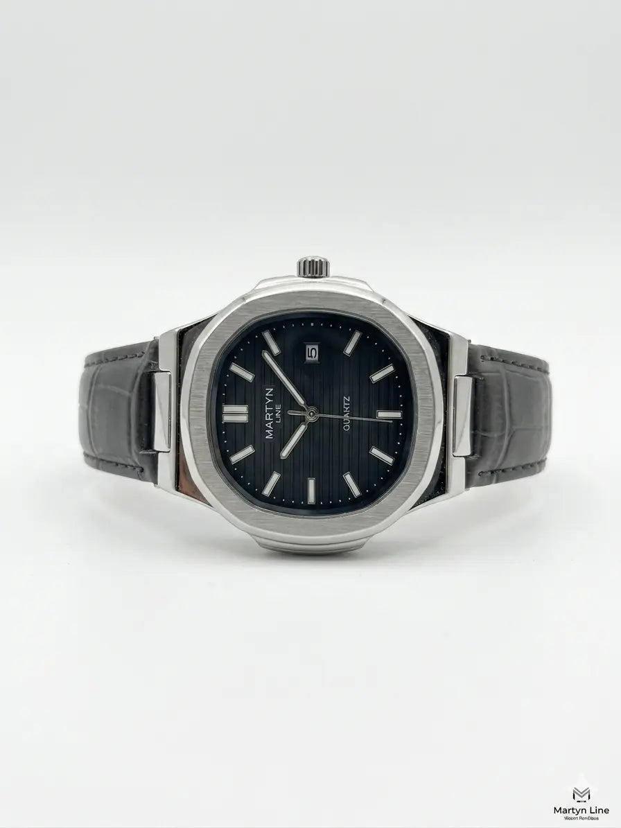 Men's leather watch with gray strap and black dial, silver-tone round case