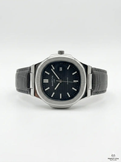 Men's leather watch with gray strap and black dial, silver-tone round case