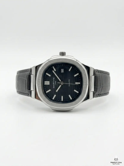 Men's leather watch with gray strap and black dial, silver-tone round case