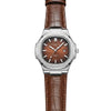 Men's leather watch with brown strap, silver-tone octagonal case, quartz dial