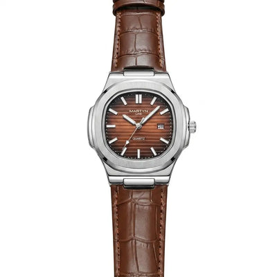 Men's leather watch with brown strap, silver-tone octagonal case, quartz dial