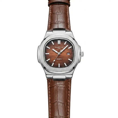 Men's leather watch with brown strap, silver-tone octagonal case, quartz dial