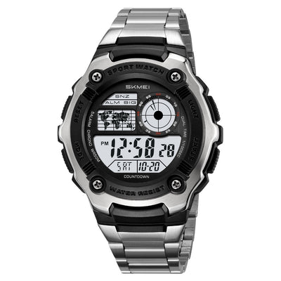 Waterproof Skmei digital watch, silver metal bracelet and black bezel, LCD display