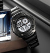 Waterproof Skmei digital watch, black case and black strap, LCD time display