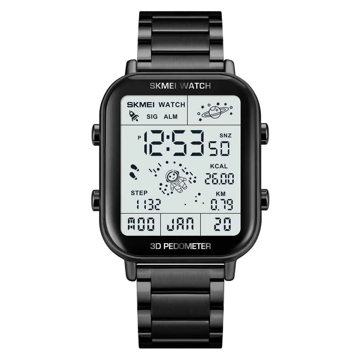 SKMEI 1888 waterproof digital sports watch with black metal strap and LCD display