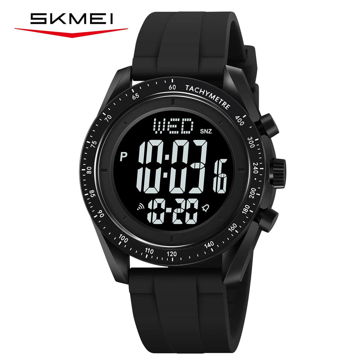 Waterproof Skmei digital watch, black case and black rubber strap, LED display